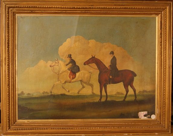 Antico quadro olio su tela del 1800 raffigurante fantini a cavallo