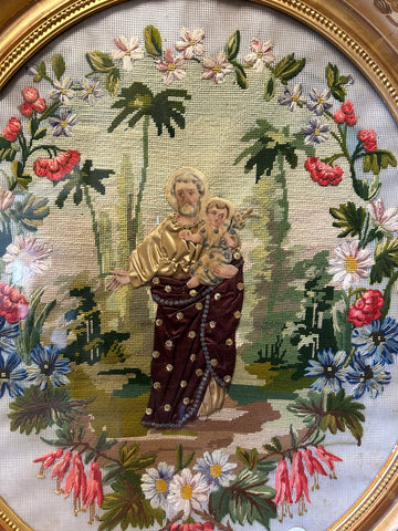 19th Century Petit Point Embroidered Painting of Saint Joseph