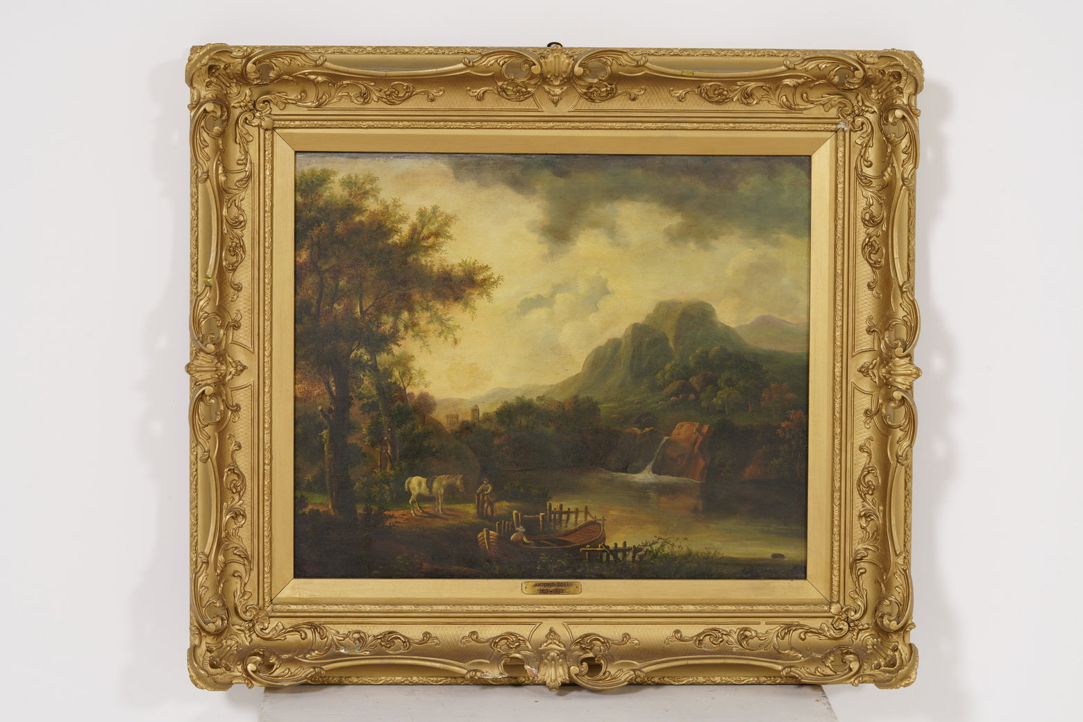 Paysage avec Rivière : Peinture à l’Huile du XIXe Siècle sur Toile 104x93 cm