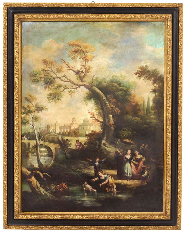 Jeunes Filles au Bord de la Rivière : Peinture à l’Huile sur Toile 100x130 cm du XXe Siècle