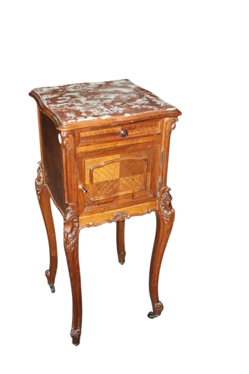 French bedside table in Louis Philippe style with carvings and marble top, 19th century