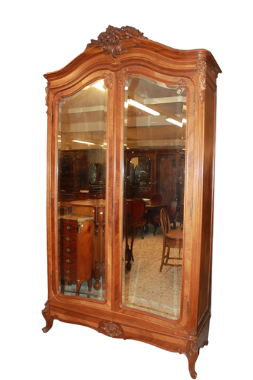 Walnut Wood 2-Door Louis Philippe Style Wardrobe with Mirrors