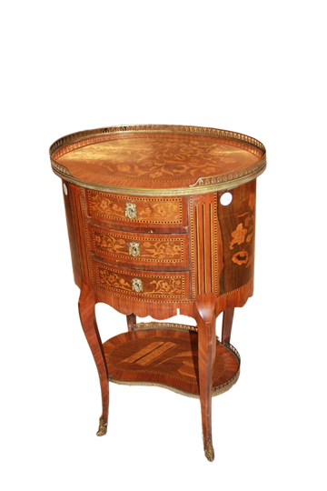 Richly Inlaid French Oval Side Table with Drawers from the 1800s