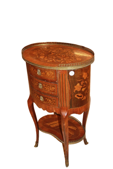 Richly Inlaid French Oval Side Table with Drawers from the 1800s