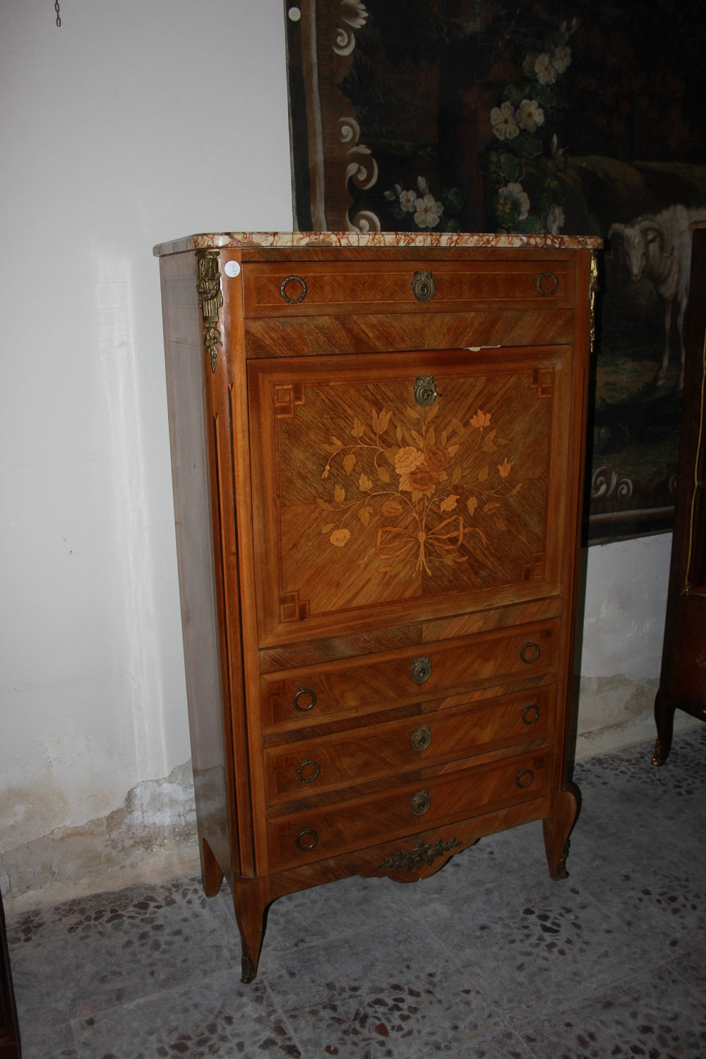 French Secretary desk chest in Bois de Rose Wood Transition Style with Marble and Bronzes, 19th Century