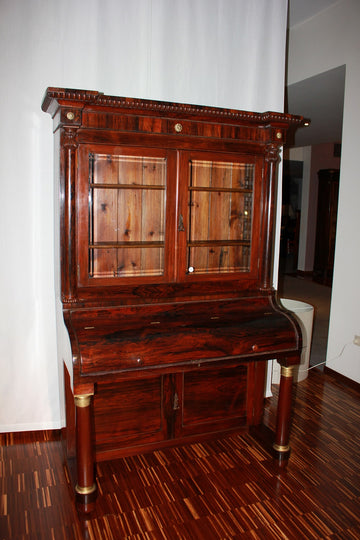 French Library Cabinet with Writing Desk, Empire Style, Rosewood, 19th Century