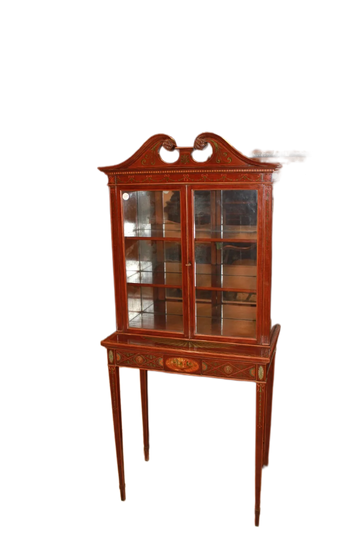 Petite Vitrine Anglaise de Style Sheraton en Acajou avec Peintures, Milieu du XIXe Siècle