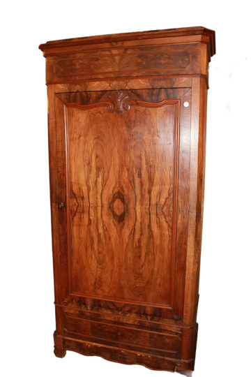 Armoire Penderie à Une Porte Style Louis Philippe en Noyer et Ronce de Noyer