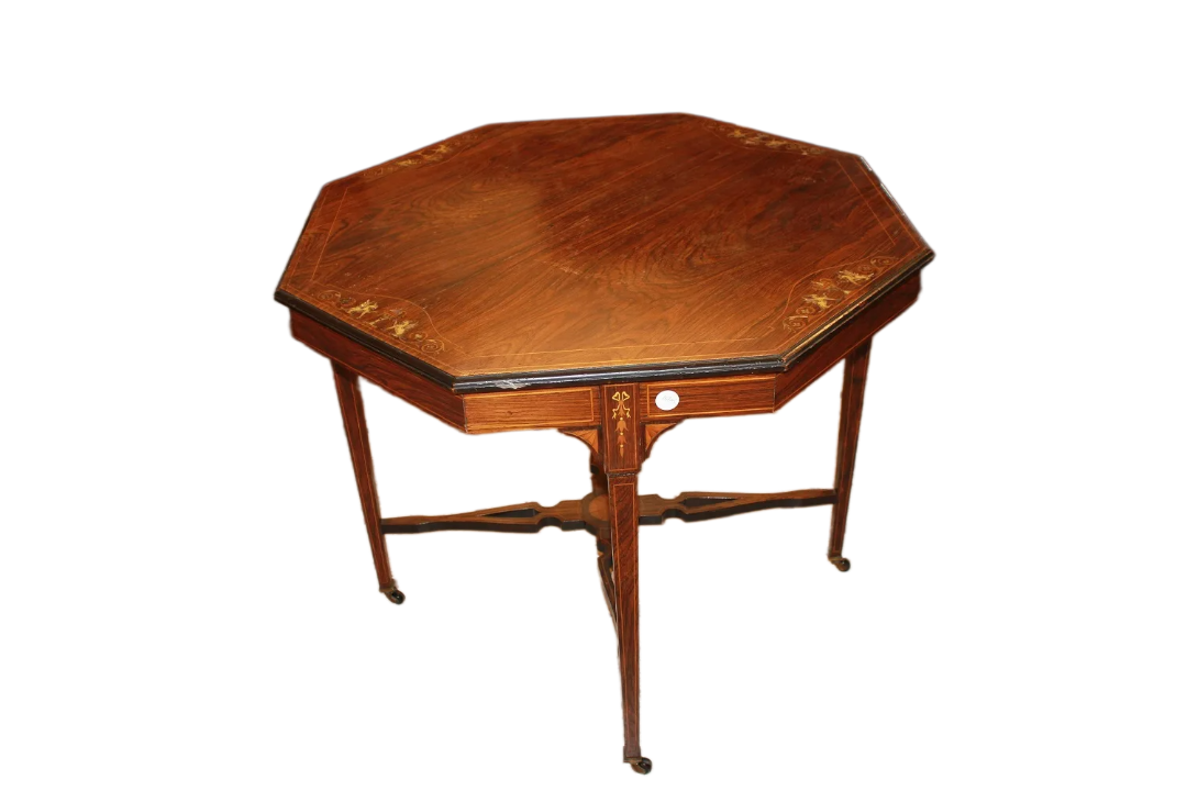 Table Octogonal de Style Victorien en Palissandre Incrusté du 19ème Siècle