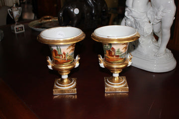 Pair of Old Paris Porcelain Crater Vases with Landscapes 1800