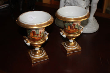 Pair of Old Paris Porcelain Crater Vases with Landscapes 1800