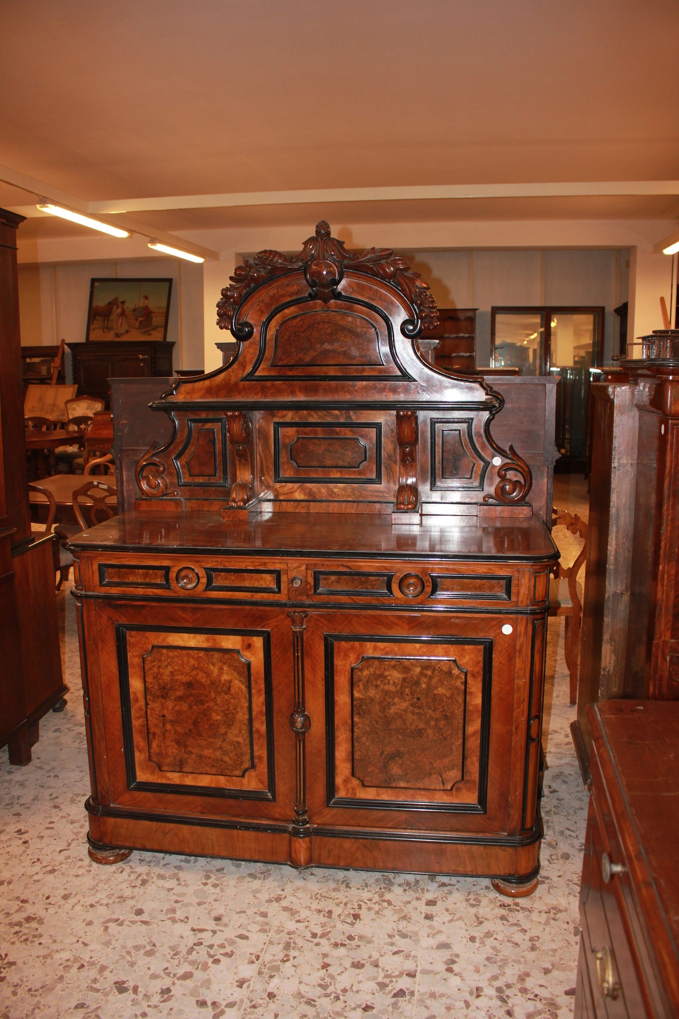 Louis Philippe Sideboard with Plate Rack in Walnut and Walnut Burl