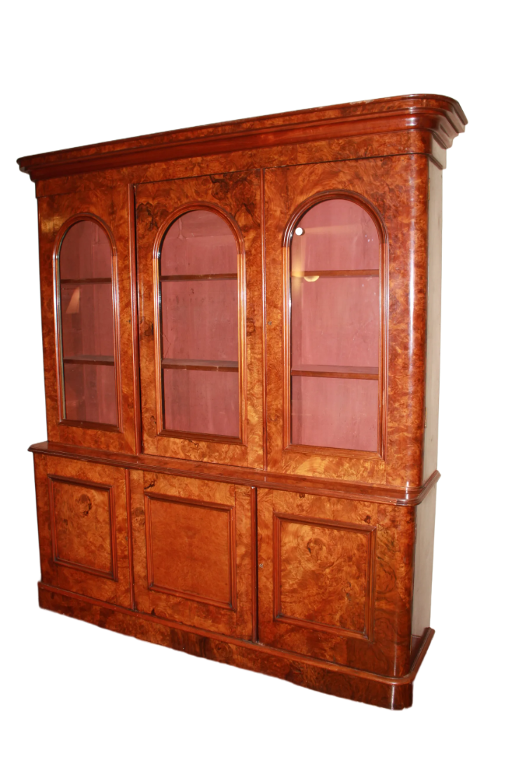 Large Victorian-Style Walnut Burl Bookcase