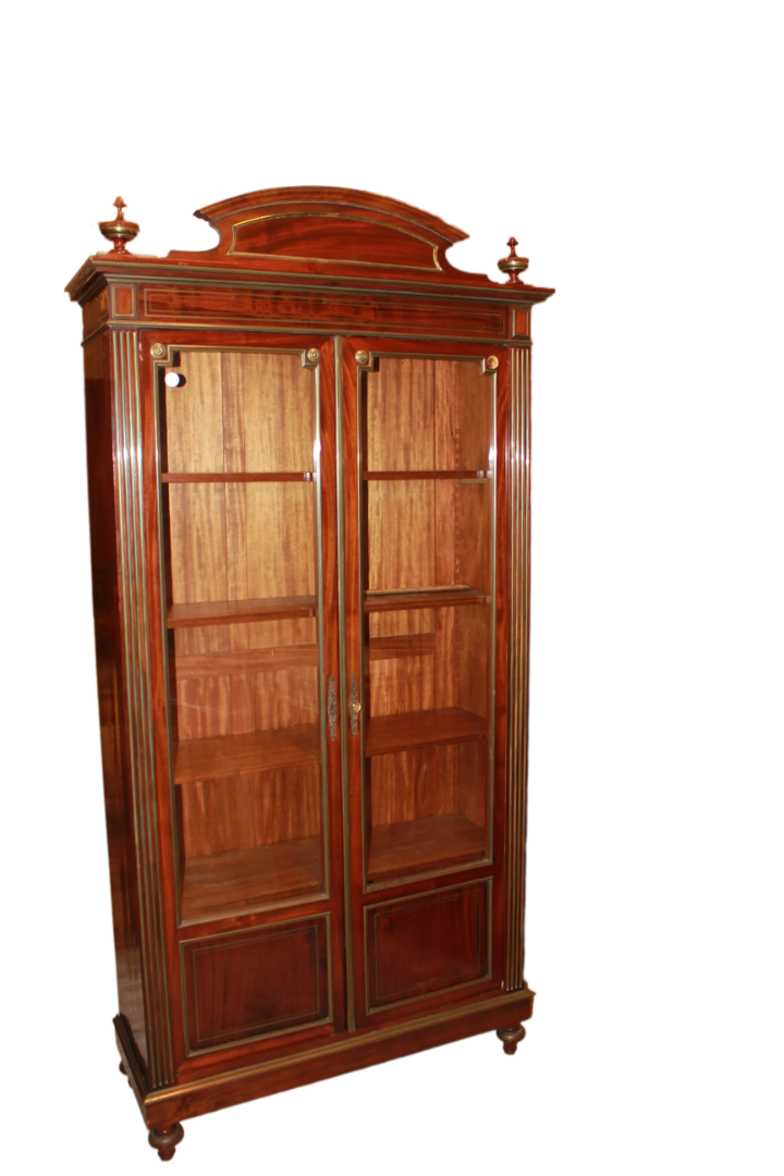 French Louis XVI-Style Two-Door Display Cabinet Bookcase in Mahogany with Brass Inlays