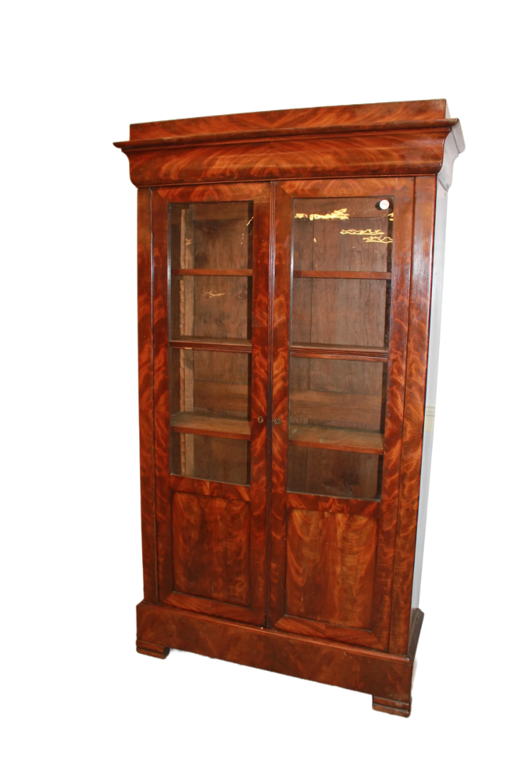 French Two-Door Bookcase Cabinet in Mahogany and Mahogany Feather Veneer, Directoire Style