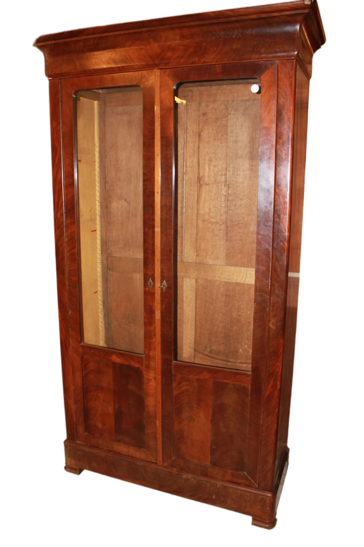 19th-Century 2-Door French Bookcase Cabinet in Mahogany Feather, Directory Style