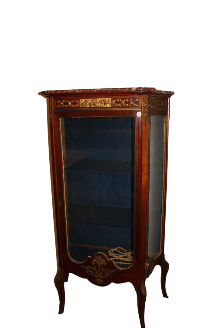 French Display Cabinet in Louis XV Style with Bronze Ornaments and Marble Top, Made of Mahogany