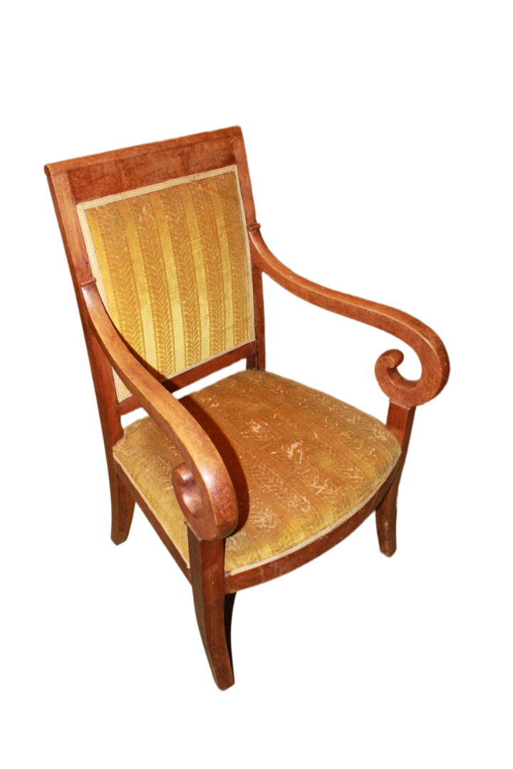 French Armchair in Directory Style in Mahogany with Striped Fabric