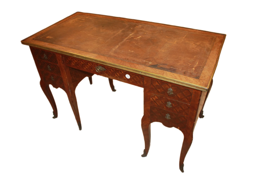 French Desk in Transitional Style with Inlays and Leather Top, 19th Century