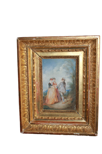 Small French Watercolor Depicting a Romantic Scene from the 1800s