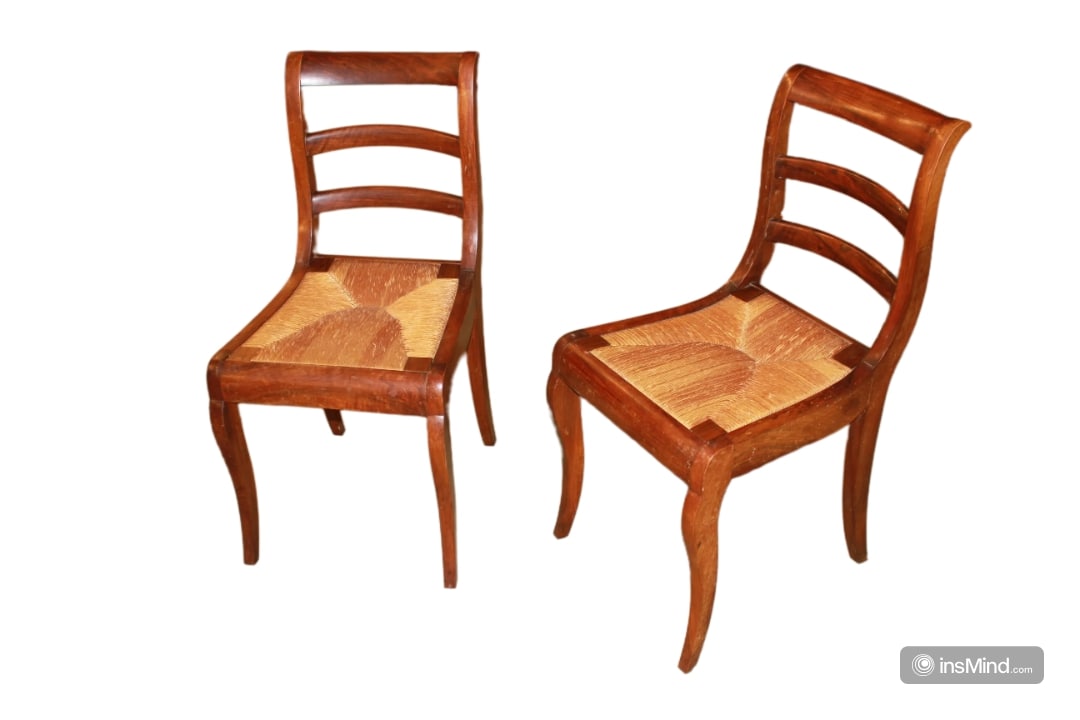 Set of 6 French Mahogany & Flame Mahogany Chairs, Directory Style, 19th Century