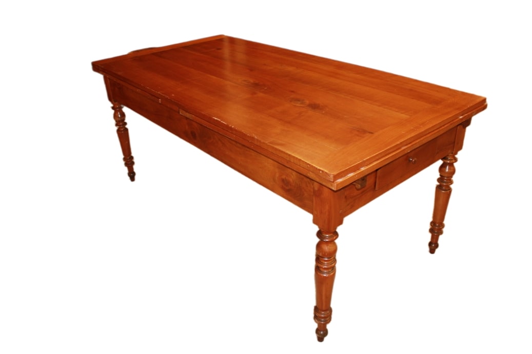 Rustic Extendable Cherry Wood Table – Mid-19th Century, with Drawer & Pull-Out Shelf