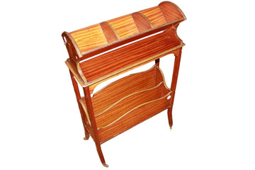 English Sheraton-Style Magazine Rack – Mid-1800s, Inlaid Mahogany with Metal Casters