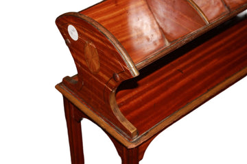 English Sheraton-Style Magazine Rack – Mid-1800s, Inlaid Mahogany with Metal Casters