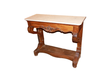 French Louis Philippe style console Table in walnut with marble top and carving