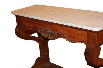 French Louis Philippe style console Table in walnut with marble top and carving