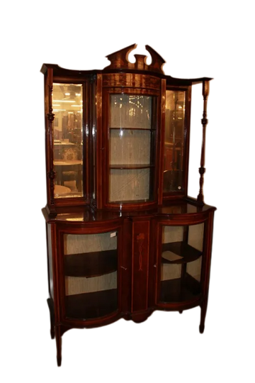 Vitrine anglaise de 1800 de style victorien en bois d'acajou avec incrustations