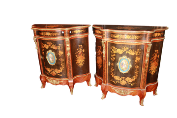 Pair of precious small Louis XV style wooden sideboards richly inlaid with Sevres porcelain medallion