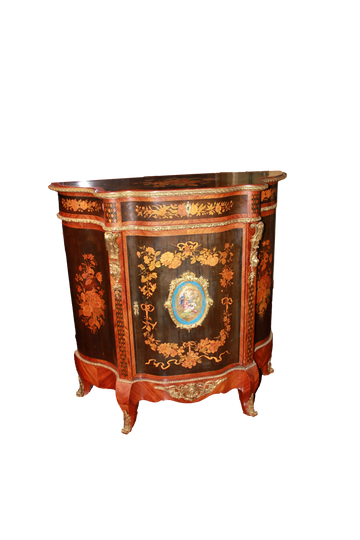 Pair of precious small Louis XV style wooden sideboards richly inlaid with Sevres porcelain medallion