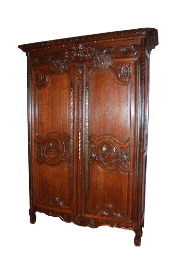 French 1700 Normandy Wedding Mariage wardrobe in richly carved oak wood