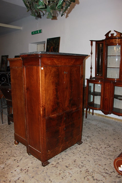 Secretaire Carlo X di metà 1800 in mogano con filetto di intarsio