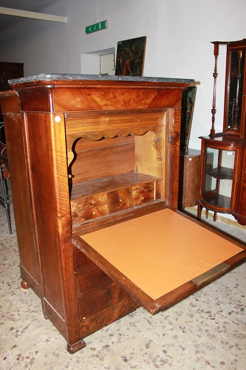 Secretaire Carlo X di metà 1800 in mogano con filetto di intarsio