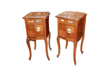 Pair of Louis Philippe style bedside cabinets in walnut wood from the 19th century with marble and carvings