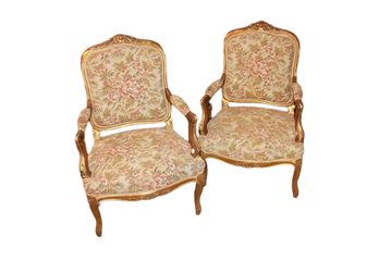 Living Room Set: Group of 2 Armchairs and 2 Chairs in Louis XV Style with Gilded Gold Leaf Wood