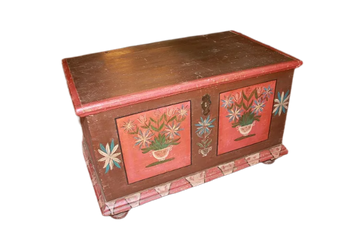 Large 19th Century Tyrolean Style Brown Lacquered chest Painted with Floral Motif