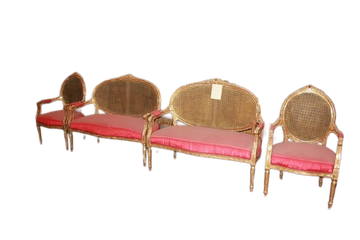 French Louis XVI Style Living Room Set Gilded with Gold Leaf from the 19th Century: 2 Sofas, 2 Armchairs