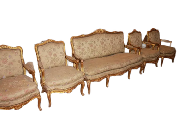 French Louis XV Style Living Room Set: 1 Sofa and 2 Armchairs, Gilded Wood with Gold Leaf