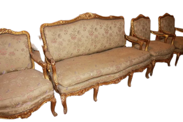 French Louis XV Style Living Room Set: 1 Sofa and 2 Armchairs, Gilded Wood with Gold Leaf