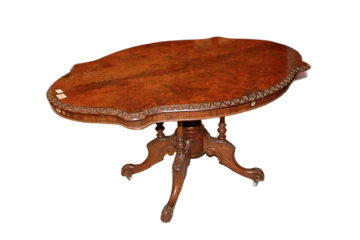 19th Century English Victorian Flame Walnut Scalloped Coffee Table