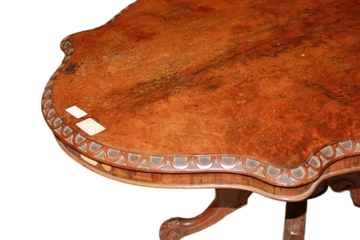 19th Century English Victorian Flame Walnut Scalloped Coffee Table