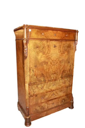 Walnut Root Veneer Biedermeier Style Secretary desk chest from the 1800s Northern Europe