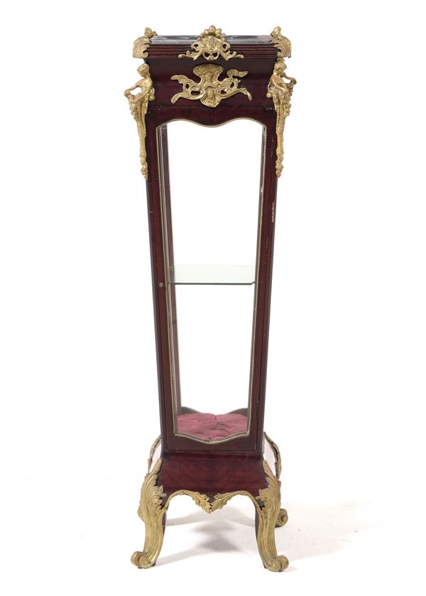 Vitrine Napoléon III, XIXe Siècle, Placage de Bois Précieux et Bronzes Dorés, 42x42x142 cm