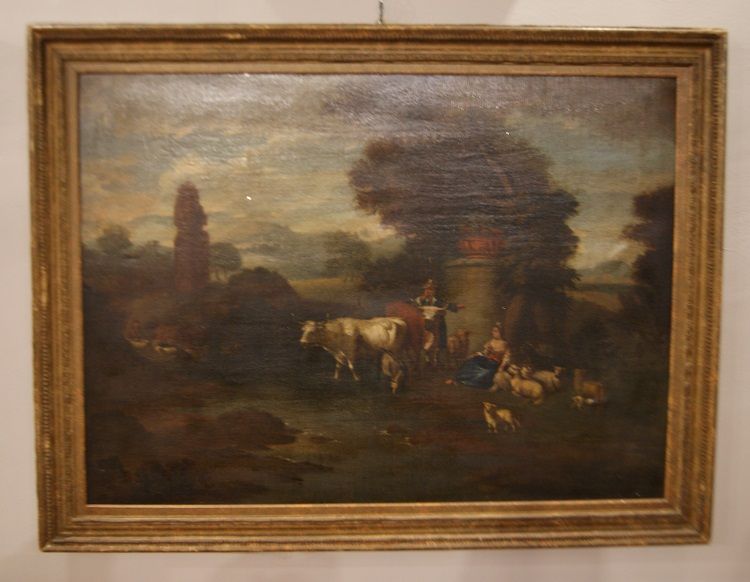 Antico dipinto italiano del 1700 paesaggio con personaggi