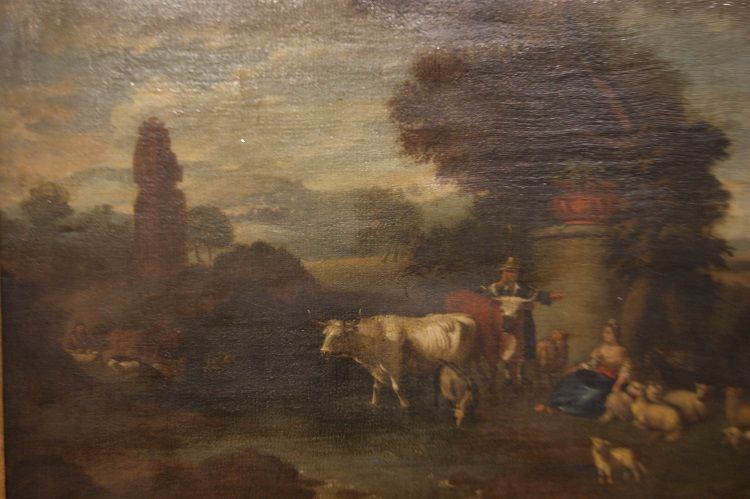 Antico dipinto italiano del 1700 paesaggio con personaggi