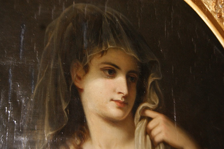 Splendido antico ritratto di nobile fanciulla francese del 1800 olio